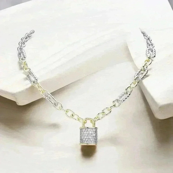 Two Tone Lock Pendant Necklace - Picture 2 of 3